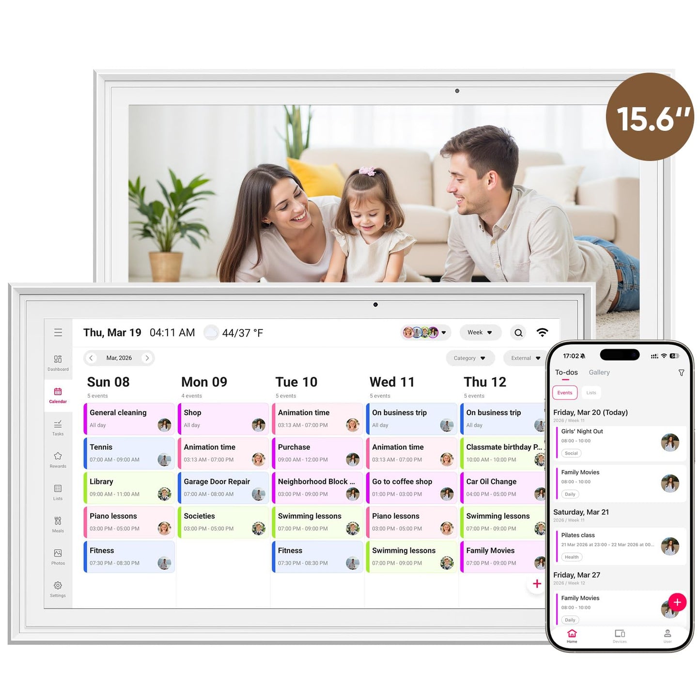 aiprotablet 15.6-inch Digital Calendar Chore Chart, Electronic Wall Planner Smart Calendar Touchscreen for Family Schedules, Meal Planner, Task Rewards, Picture Frame, Wall & Desk Mountable, Great for Organizing Your 2026 Calendar