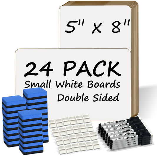 Portable Small White Board 5"x8" for Students, Personal Whiteboard Mini Lightweight Double Sided, Dry Erase Board for Kids Classroom, Individual Lapboards for Teaching with Eraser and Marker (24 Pack)