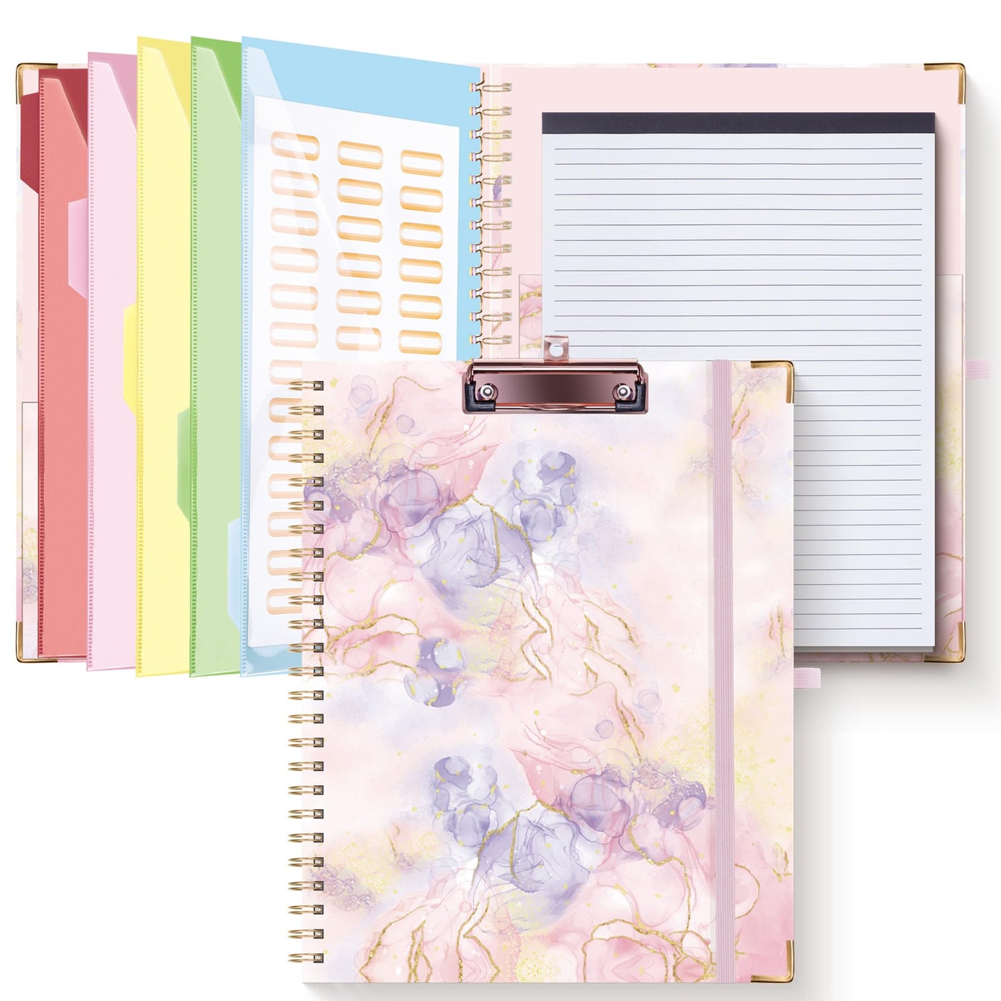 HAUTOCO Clipboard Folio with Refillable Notepad for Letter Size (11" x 8.5"), 5 Dividers with 10 Pockets, Elastic Pen Holder and File Folder Labels, Spiral Nurse Clipboard Artboard(Pink Marble)