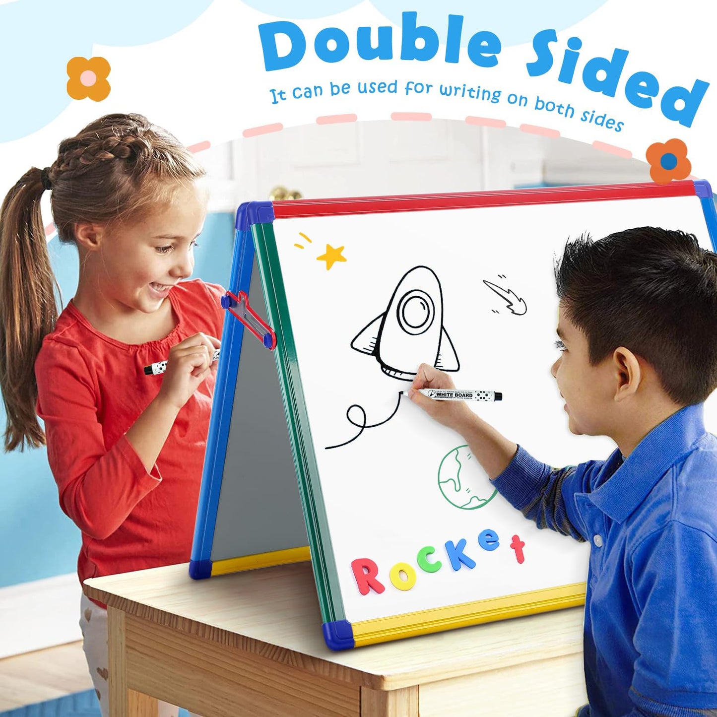 SWANCROWN Magnetic Board for Kids - Tabletop White Board for Children- 24x18 Inch Double Sided Foldable Dry Erase Board Standing with 82Pcs Alphabet Magnets Whiteboard Letters