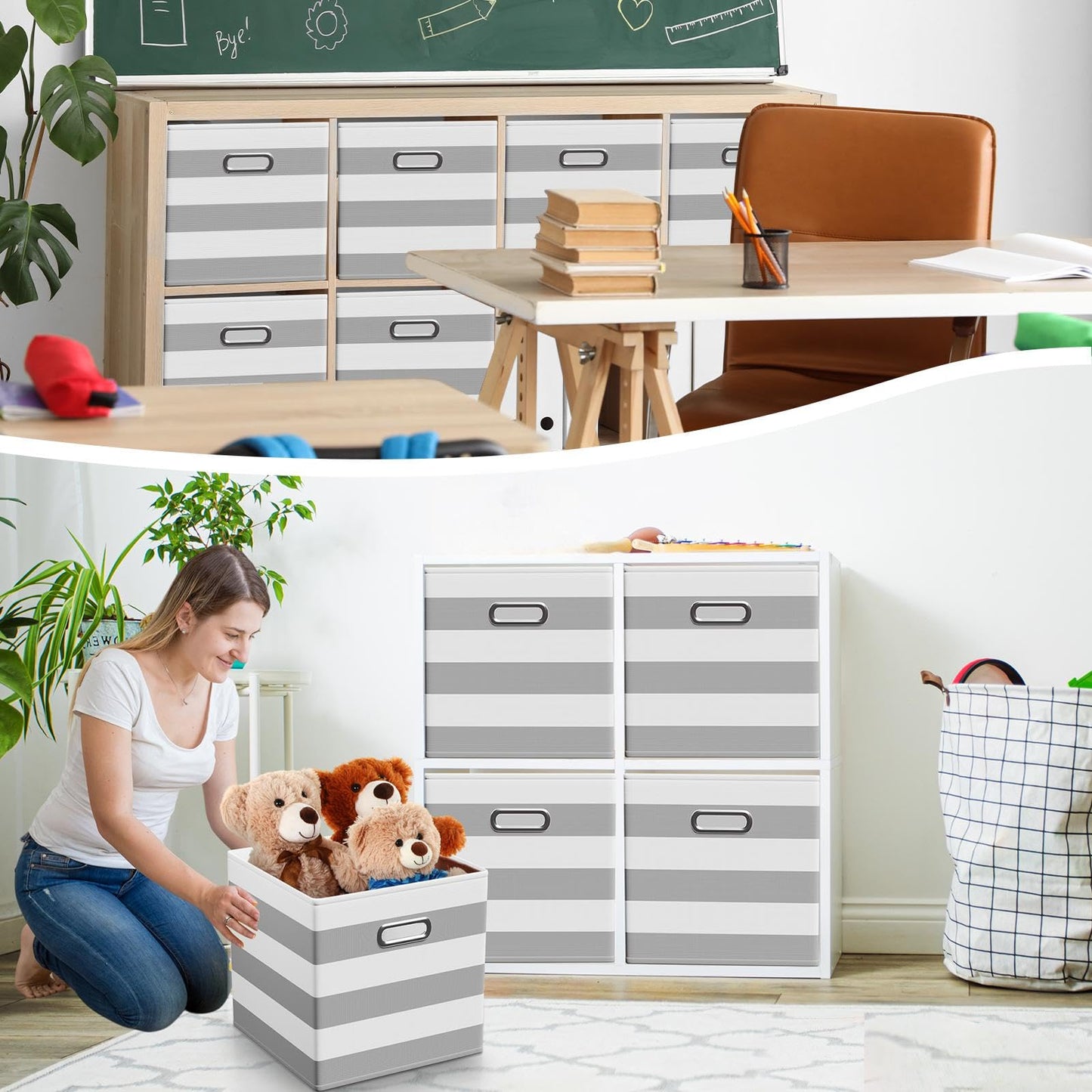 CroBlissful 6 Pcs 11 Inch Fabric Storage Cubes with Metal Handle Back to School Classroom Supplies Grey and White Striped Style Collapsible Bins Organizer for School Nursery Shelves Clothes Gift