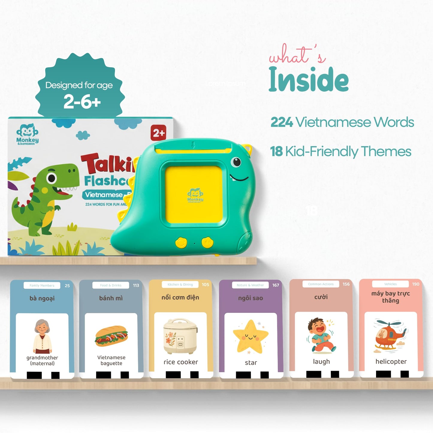 Monkey & Bananas | Vietnamese–English Talking Flash Cards | Southern & Northern Dialects | Bilingual Toy for Toddlers & Beginner Learners | 224 Words, 18 Themes | Screen-Free Learning Toy | Ages 2–6