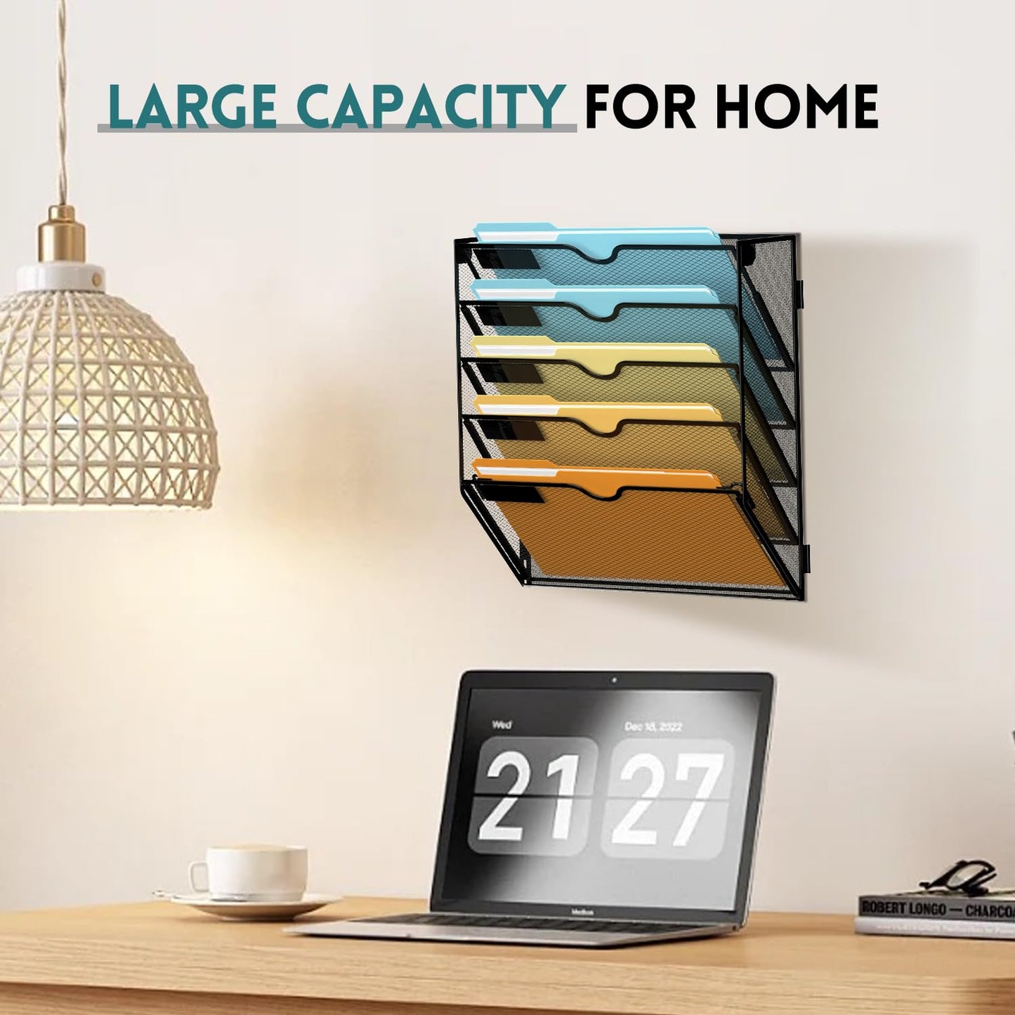 SUPEASY 5 Tier Wall File Organizer, Hanging Wall Mounted Mail Organizer with Label Slots, Metal Mesh File Holder Magazine Rack for Office, Home, School or Classroom, Black