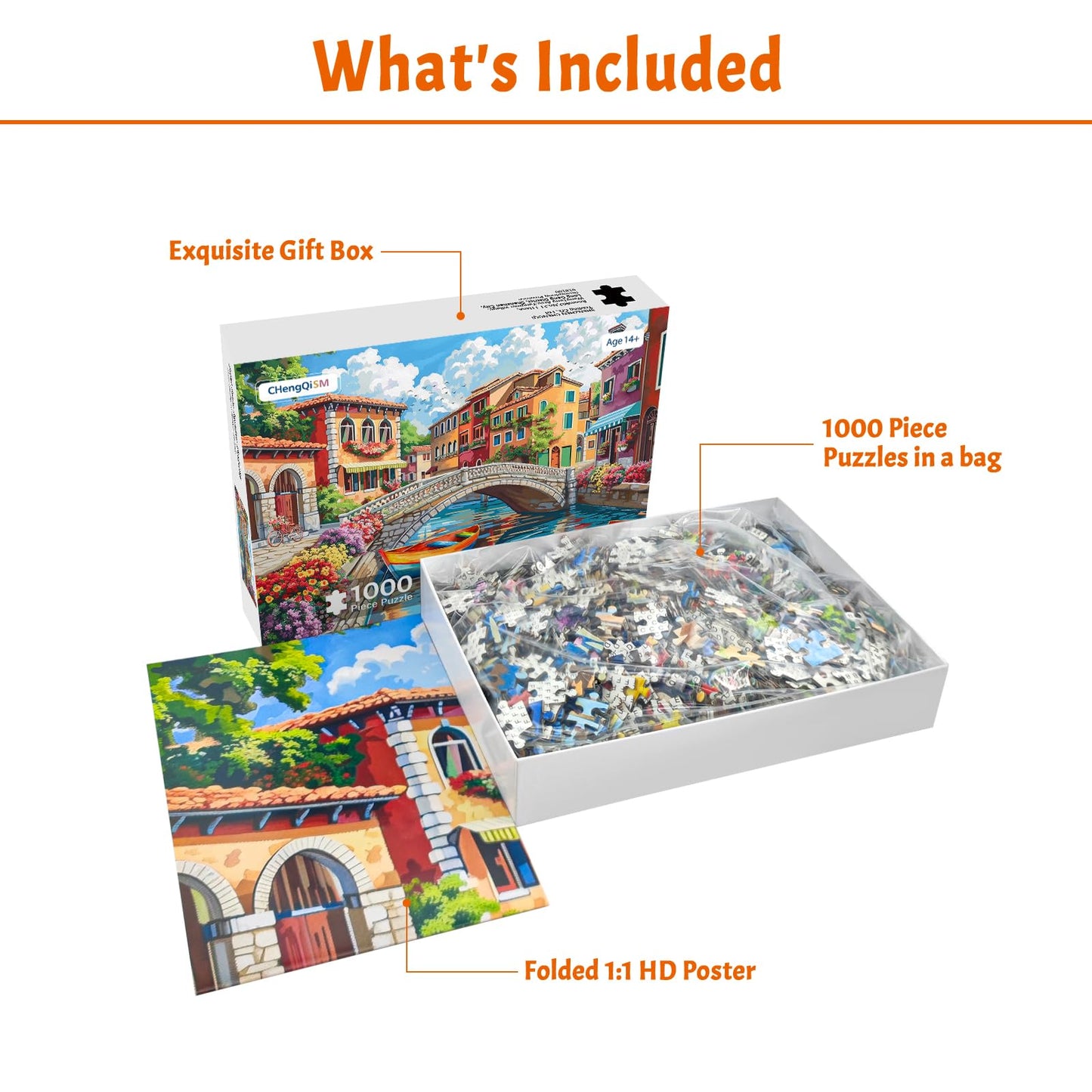 MBOQIU 1000 Piece Puzzle for Adults - Italian Town Puzzles for Adults 1000 Pieces, Letters on Back, Venice Street Jigsaw Puzzle, Venice Scene Challenging Puzzles for Teens Seniors - 27.6 x 19.7 inches