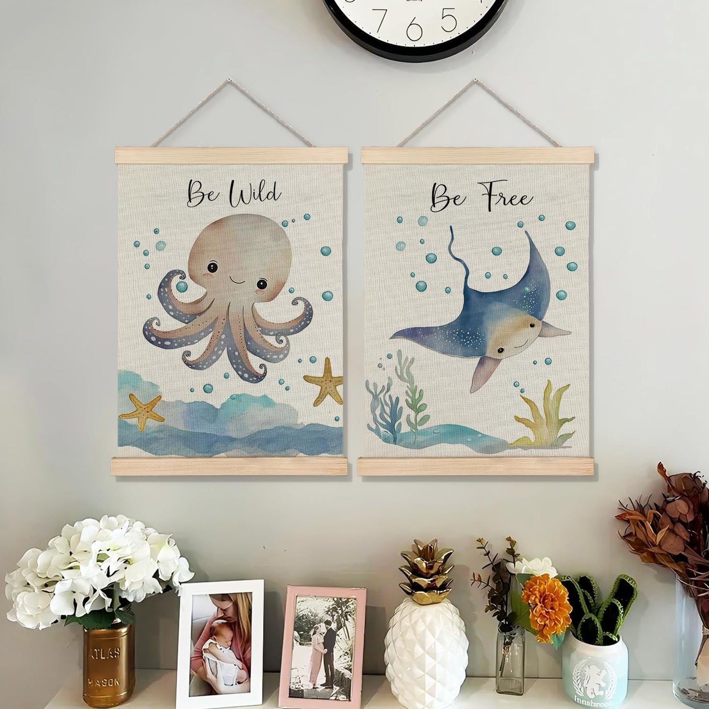 BearCake Ocean Nursery Decor, Stingray Octopus Under the Sea Wall Art Poster Hanger Frame, Inspirational Beach Nursery Canvas Prints Framed Wall Decor for Kids Room Playroom, 12x16 Inch Set of 2