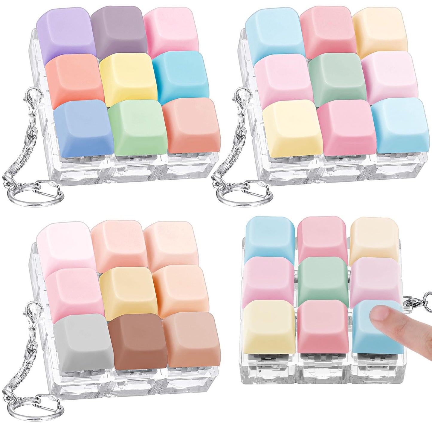 Halloscume 3 Pcs Keyboard Adult Fidget Clicker 9-in-1keyboard Fidget Keychain Cube Mechanical Key Button Clicker Stress Relief Gift for Office Home to Pass The Time (Pastel Colors)