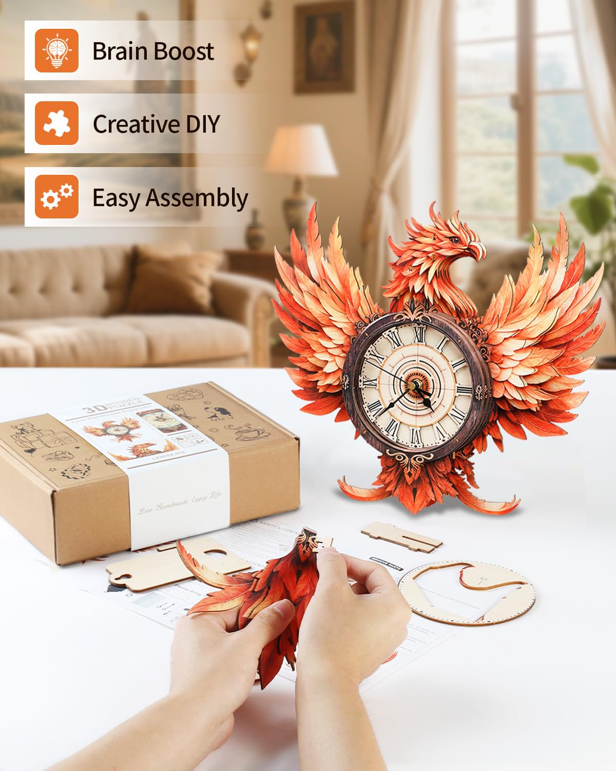 Rnfinewow 3D Wooden Puzzles for Adults, 3D Puzzle Fire Phoenix Clock Kit (with Pendulum), 3D Puzzles for Adults Teens Home Wall Decor Clock Puzzle Gifts for Adult