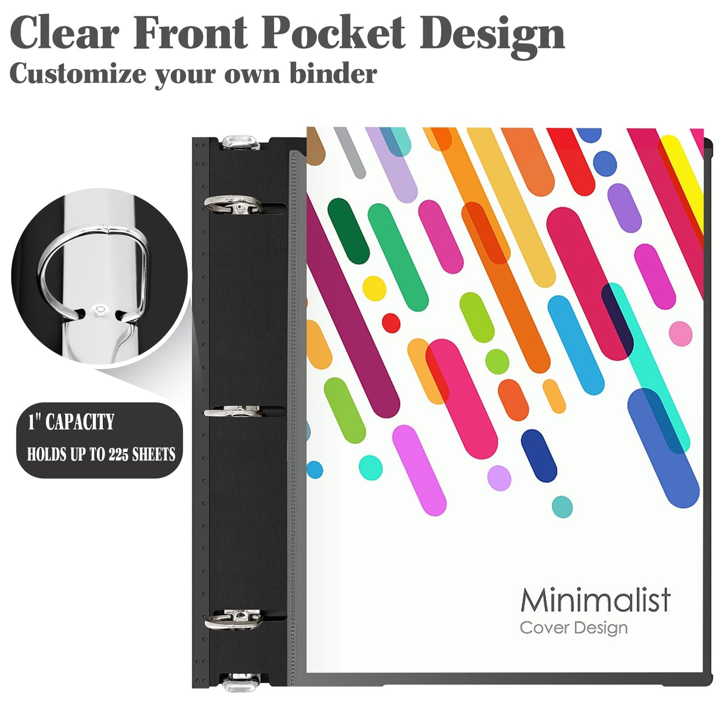 INFUN 1 Inch Telescoping 3 Ring Binder - 6PCS, Flexible Round Binder with Customizable Front Cover and Clear Catalog Pocket, 1Inch Rings, 225 Sheet Capacity-Black