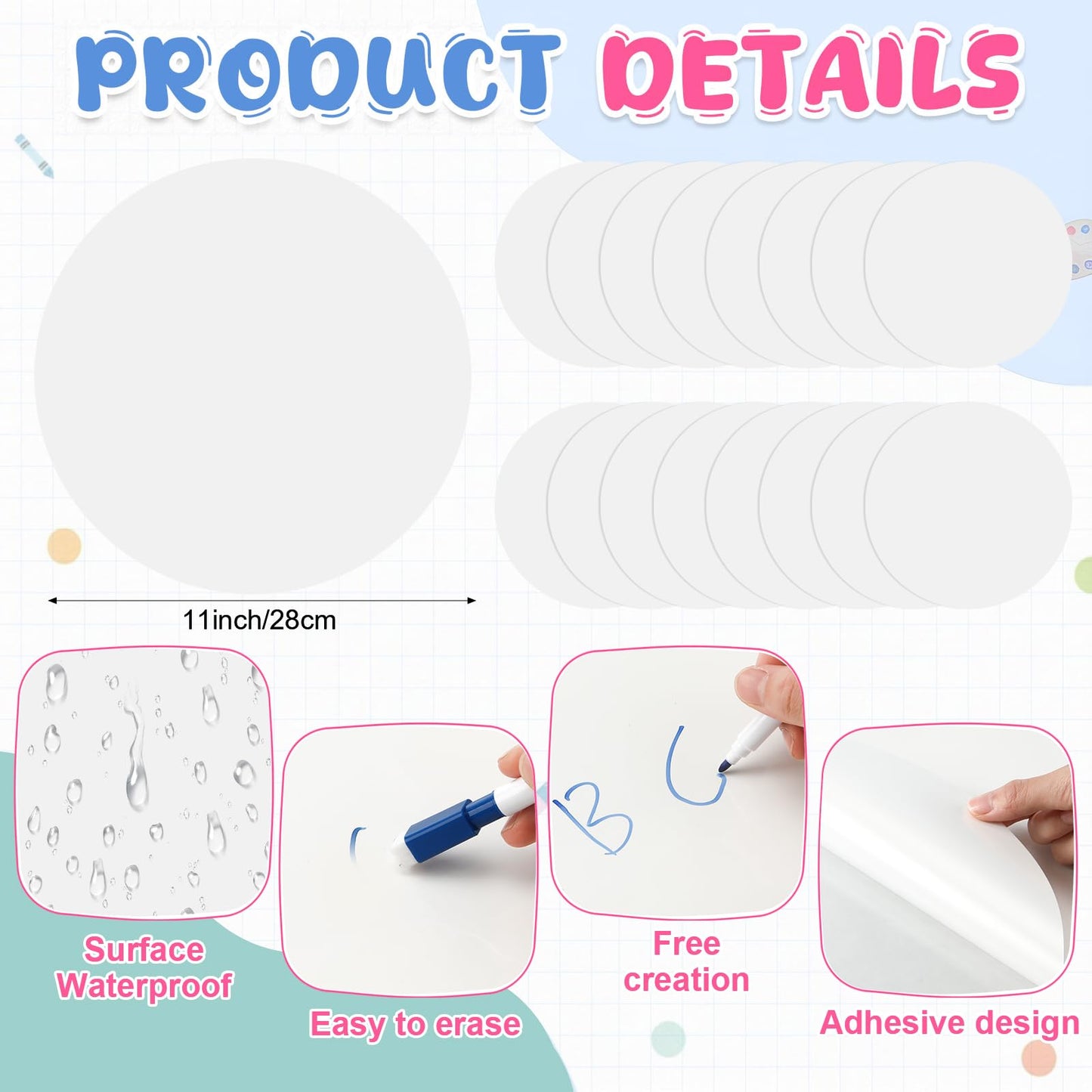 Humyoun 54 Pcs Dry Erase Dots Circles 11 Inch Removable Stickers Spots Wall Decals Magnetic Whiteboard Erasers Whiteboard Markers Set for School Classroom Teachers Students Table Desk(Blue,White)