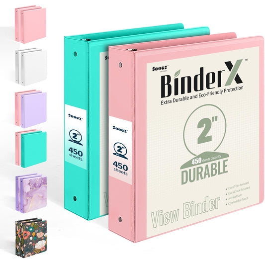 2 Pack BinderX Extra Durable 3 Ring Binder, 2 Inch Binder Round Ring, Fits 900 Sheets of 8.5x11 Paper, Customizable View Cover with Inside Pockets, Cute School Supplies for Girls, Pink & Aqua Blue