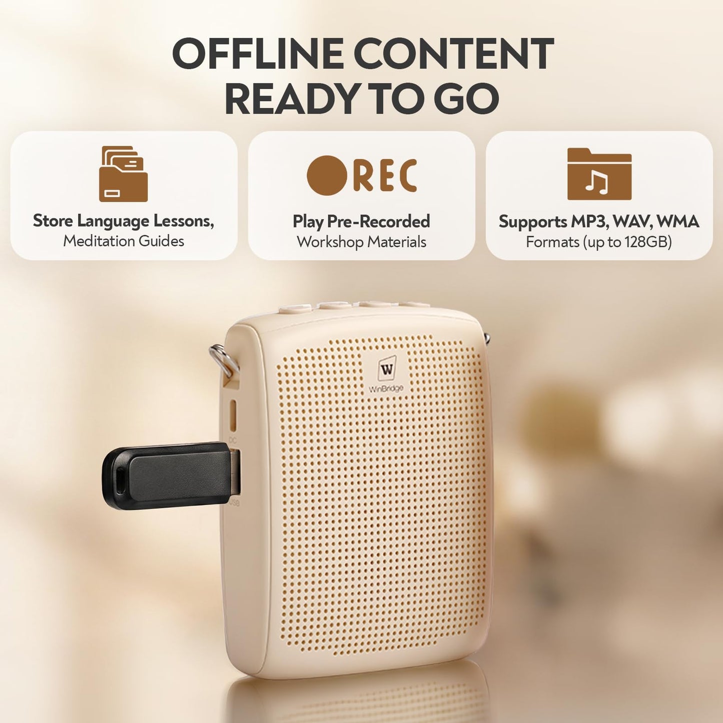 WinBridge Bluetooth Voice Amplifier - 15W Wireless Headset Mic, Portable PA System for Classroom/Elderly, Speaker and Microphone for Teachers, Tour Guide, Soft-Spoken People, WB002 Beige