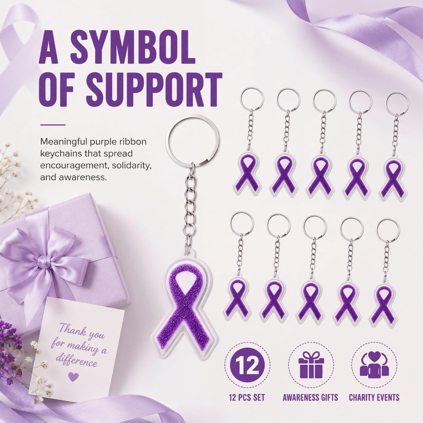 Kenning 12 Pcs Purple Ribbon Awareness 3D Sensory Clicker Fidget Keychains Bulk Support Gifts for Women Campaigns Lupus Fibromyalgia Domestic Violence Awareness Charity Fundraising Party Favors