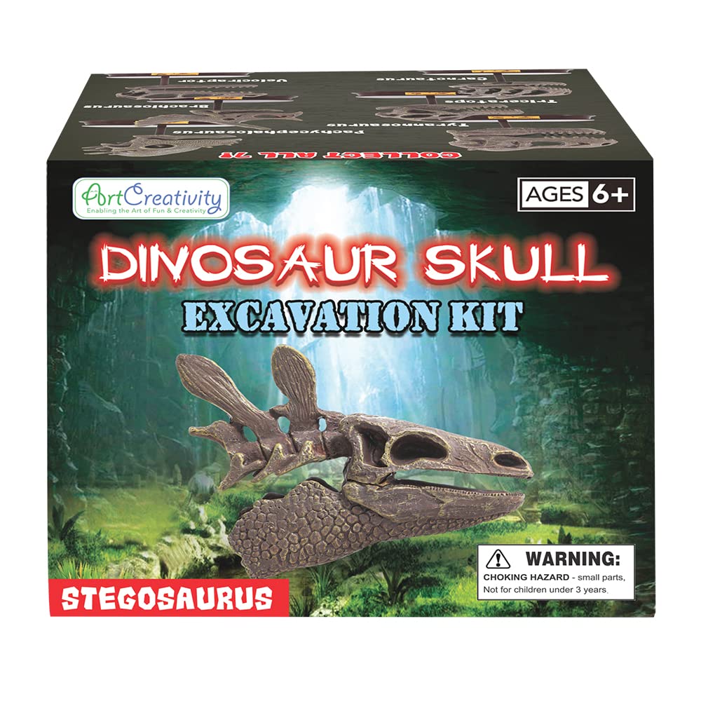 ArtCreativity Dinosaur Excavation Kit for Kids, 5.5” Stegosaurus Skull Excavating Set with Fossil Digging Tools and Stand, Fun Science Activity Toy, Educational Dinosaur Gift for Boys and Girls
