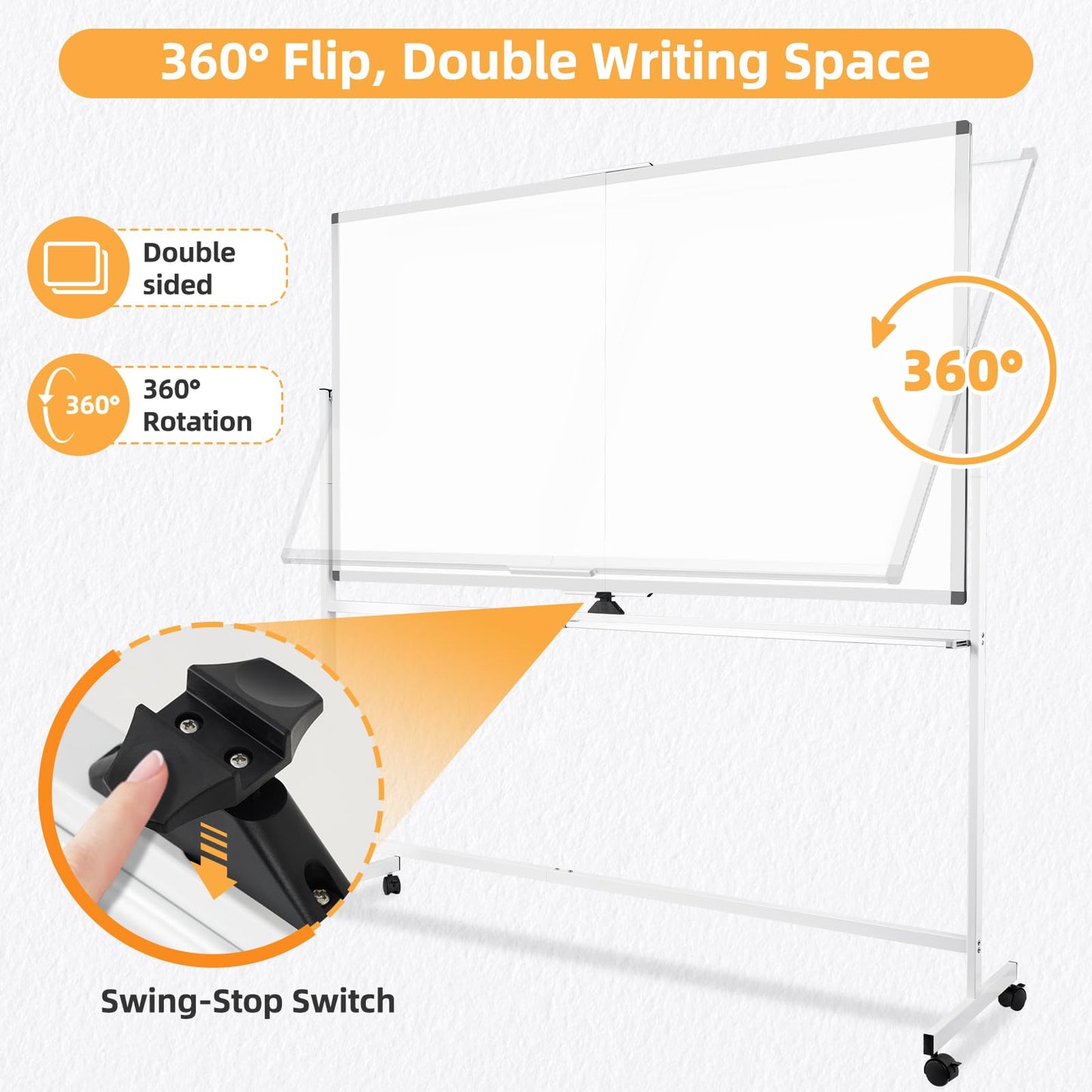 WALGLASS Rolling Whiteboard on Wheels, 72"x40" Double-Sided Dry Erase White Board with Stand, Large Magnetic Whiteboard, Giant Portable Standing Board for Office, School, Home, Classroom 6 x 3.33 ft