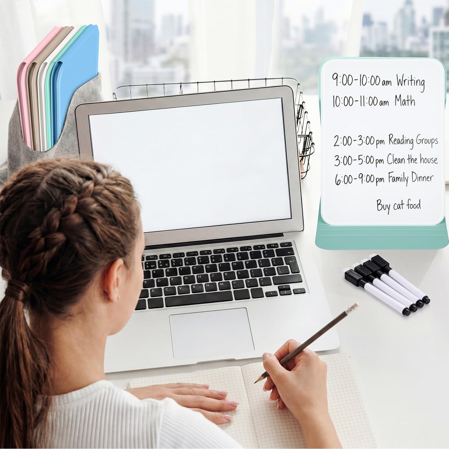 Dunzoom 10 Pcs Small Desktop Glass Whiteboard with Reversable Stand Clear Glass Mini Dry Erase Whiteboard Desktop Easel with 10 Markers for Home Office School, 8 x 6 Inch