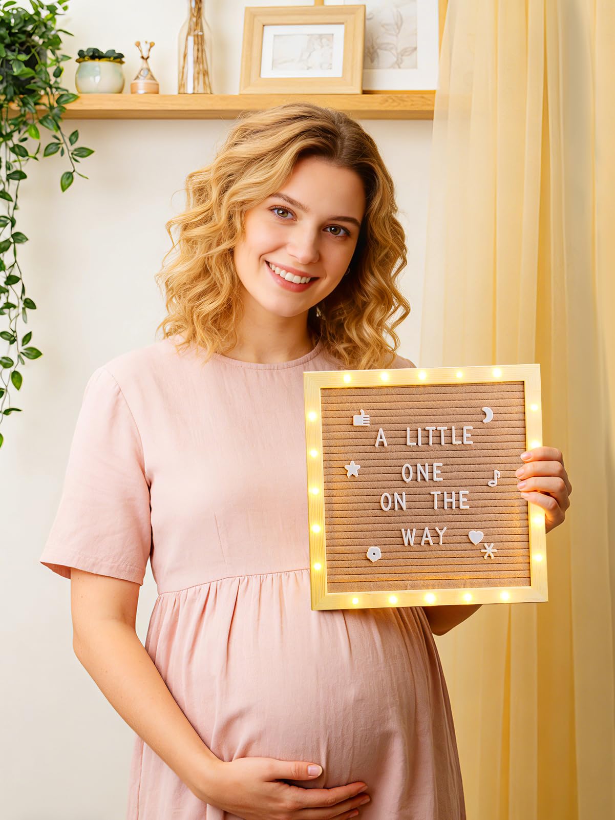 Changeable Felt Letter Board with LED Lights - 10×10" Message Custom Signs & Wood Stand& 450 Letters, Poster Board for Baby/Pregnancy Announcement/Classroom Wall Decor Gifts First Day of School, Camel