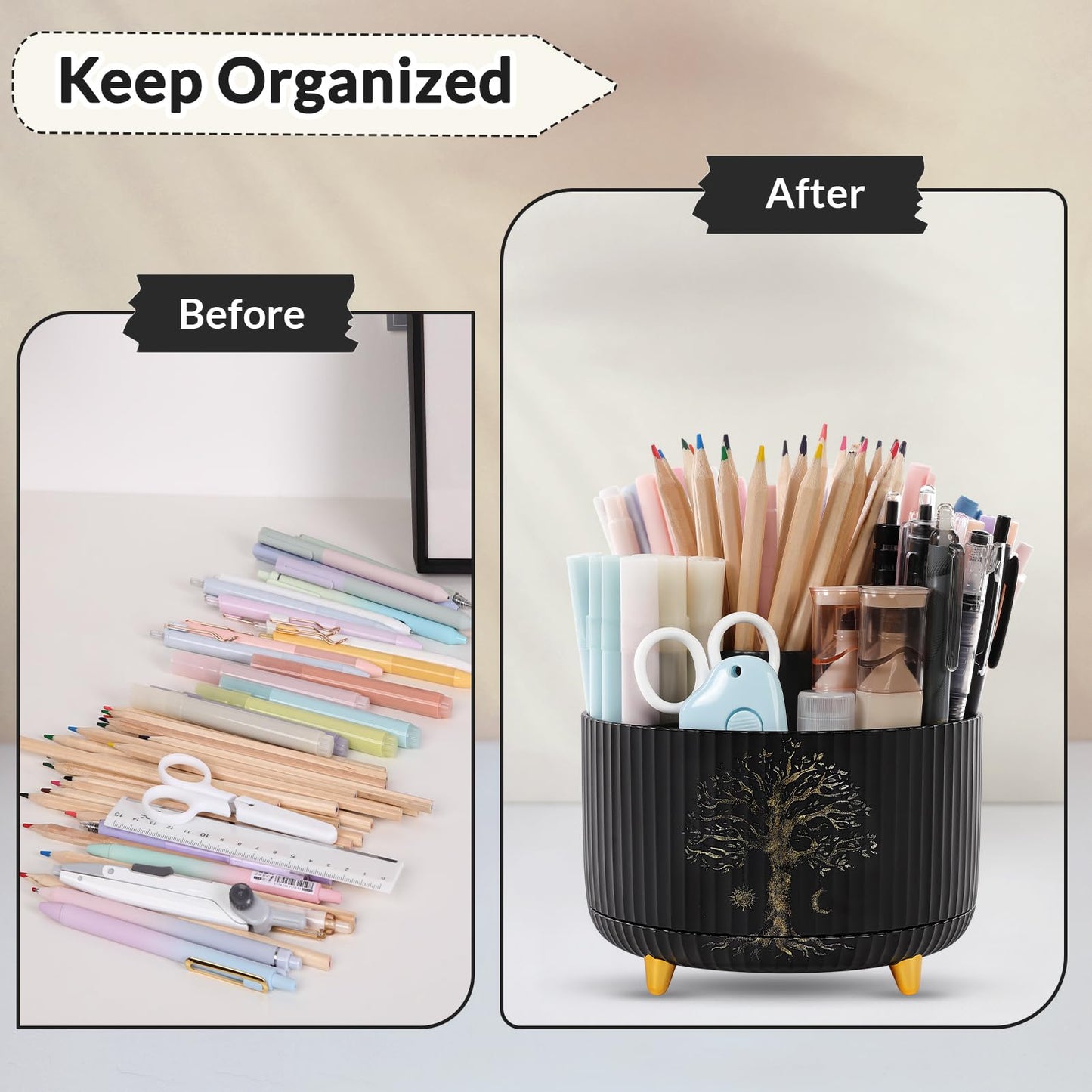 SKYDUE 360 Degree Rotating Desk Organizer, Dual-Purpose Pencil Pen Holder for Desktop, Desk Pen Organizer with 5 Slots, Office Supplies, Pencil Cup for Office, School, Home