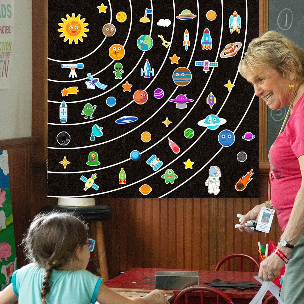 BEUNITONE Solar System Felt Story Board Set 55 Pcs Large Outer Space Universe Storytelling Space Planet Pieces for Felt Flannel Board Preschool Craft Early Learning Interactive Play Kit