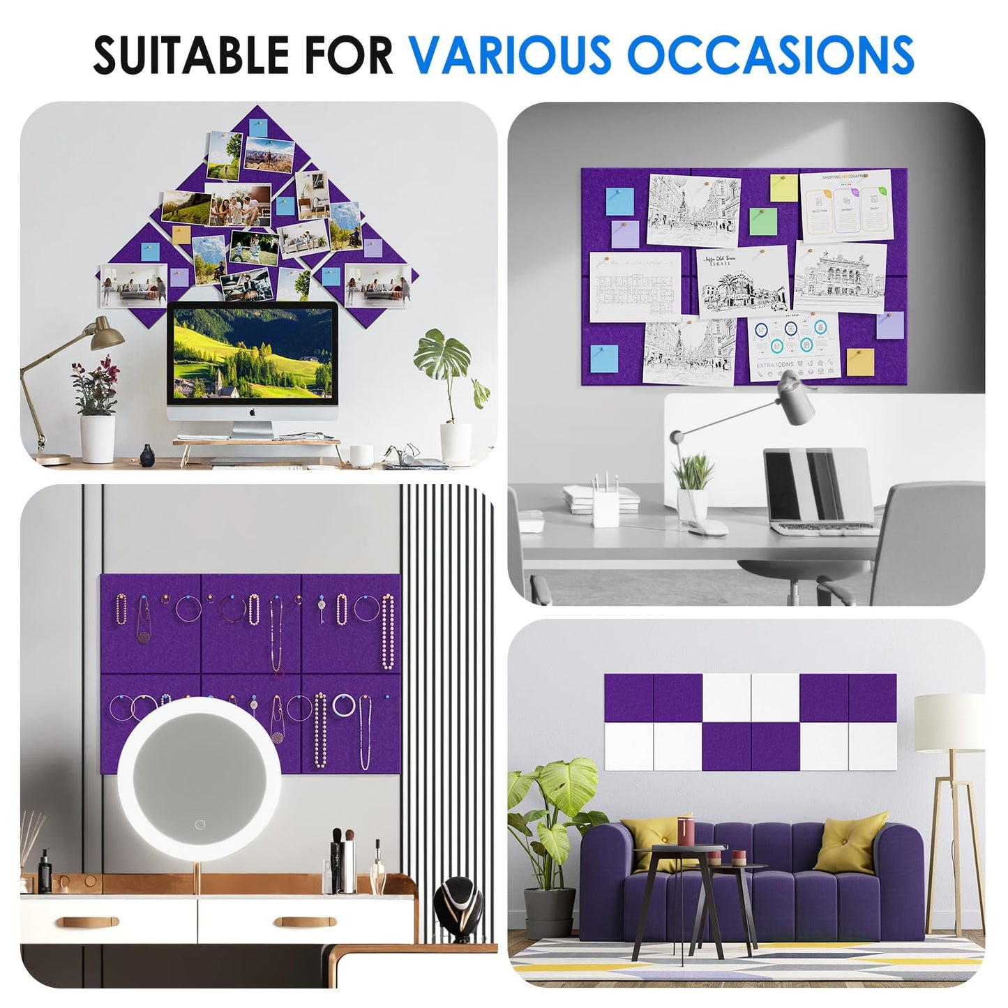 MaxGear Large Cork Board for Wall 36" x 24", Violet Bulletin Board, 6 Pack Felt Wall Tiles with Pushpins, Cork Boards for Office Push Pin Board Tack Board Felt Board