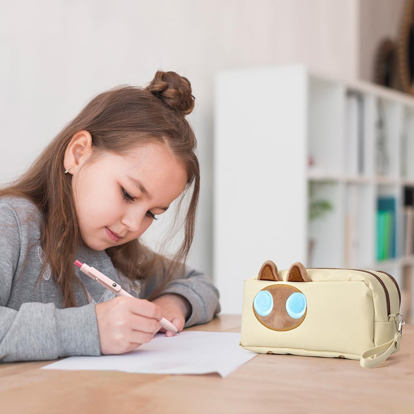 Hongdian Large Capacity Pencil Case Tan Color, 3D Cat Pen Bags Pencil Pouch Organizer for Office College School Stationery