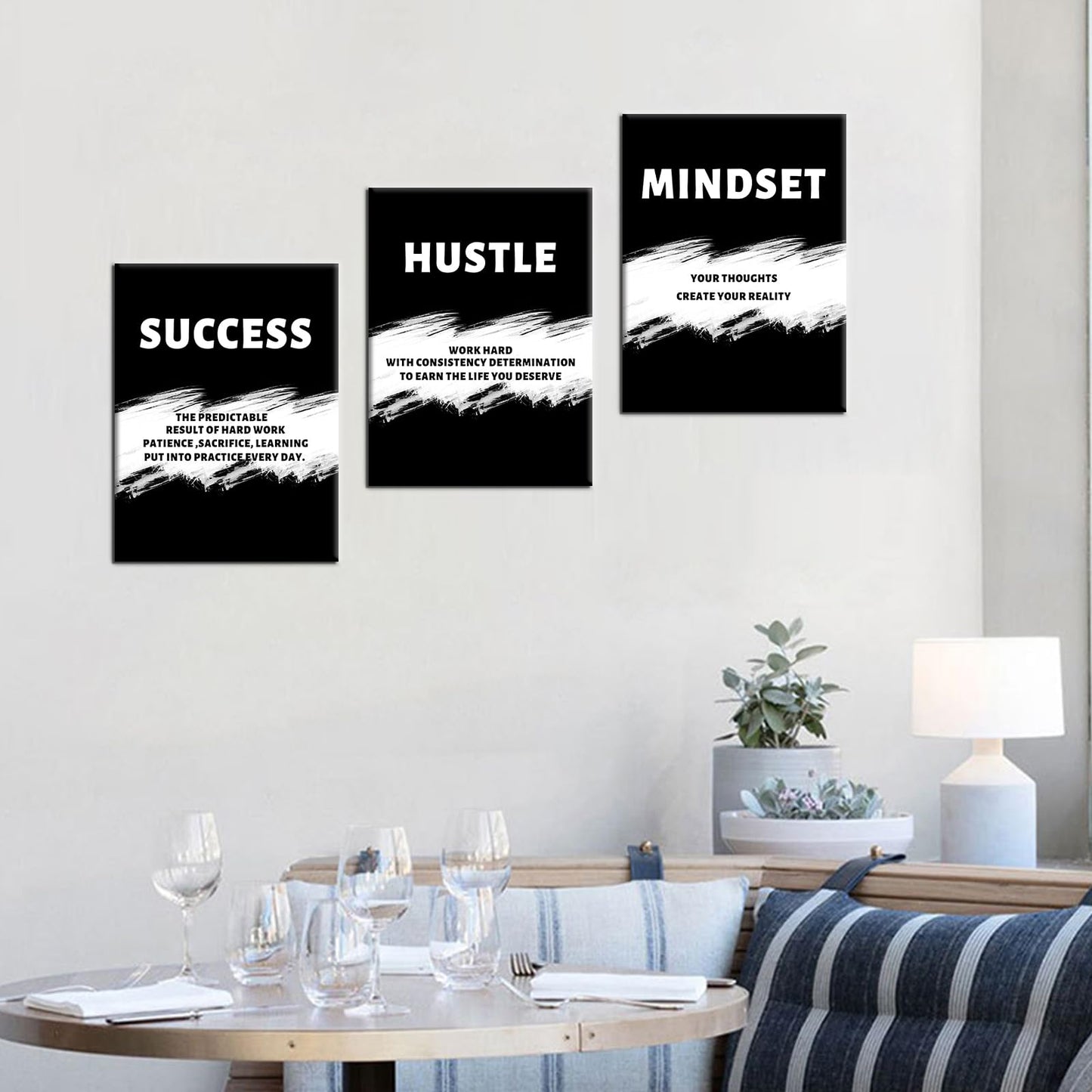 PSYYSP 3 Piece Canvas Wall Art Success Hustle Mindset Posters, Black White Motivational Triptych Wall Decor for Office, Bedroom, Dorm, Business Workspace, Framed Canvas 36x16inch