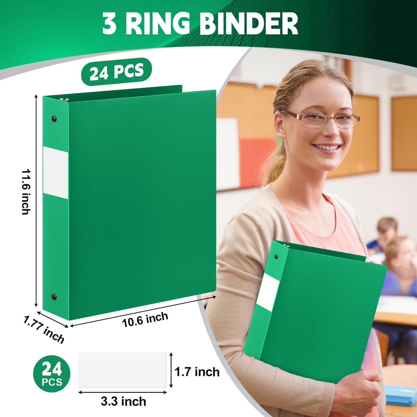 Henoyso 24 Pcs Green 1.5" 3 Ring Plastic Binder Bulk, 1 1/2 Inch Soft Flexible Binders Round Rings, Fits Letter Size 8.5'' x 11'' Paper, Holds 350 Sheets, for School Office (1.5 Inch)