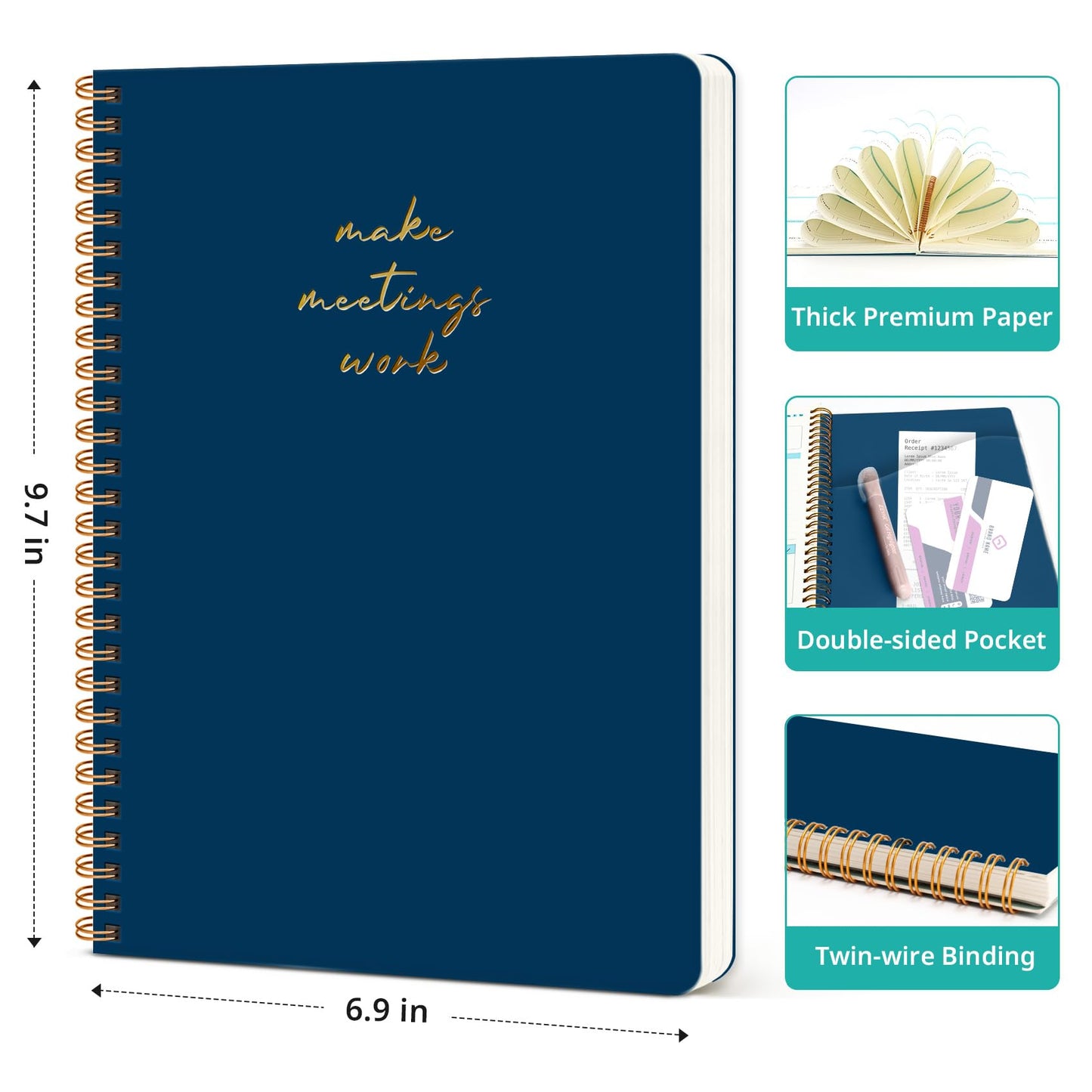 Meeting Notebook for Work Organization - Work notebook with action items, Meeting Minutes Planner Notebook, Perfect Office Supplies for Men & Women - Navy Blue