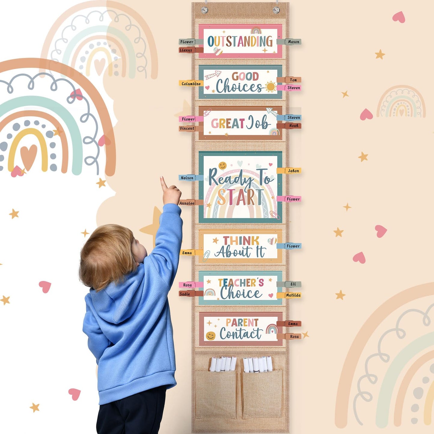 Pasimy 59 Pcs Student Behavior Clip Chart for Classroom Management Kids Track Reward Incentive Behavior Pocket Chart Boho Bulletin Board Teacher Supplies for School Office(Vibrant)