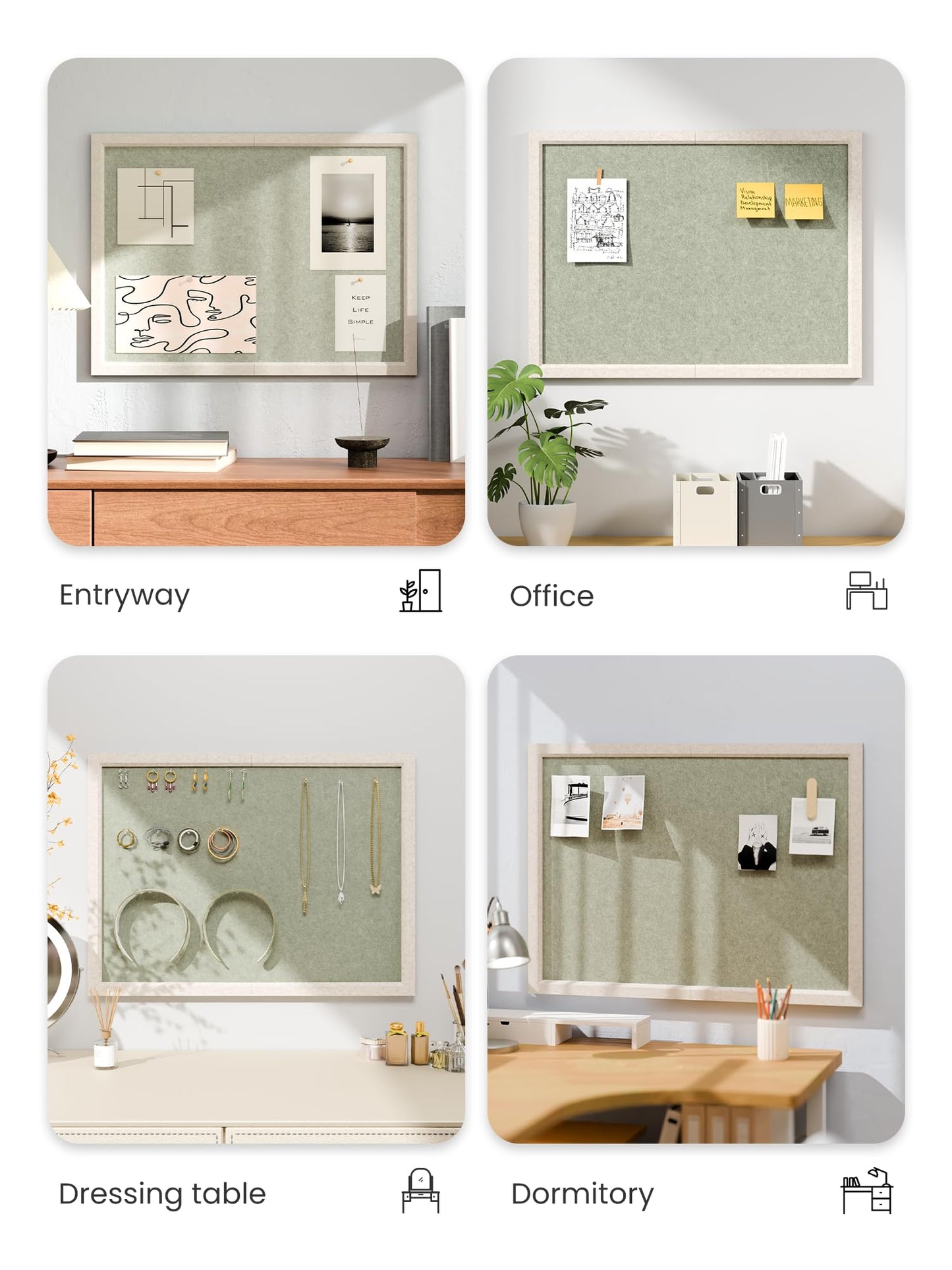 Fluxynara Foldable Cork Board Alternative, Felt Bulletin Board 23.6" x 17.5" Oatmeal Frame with 12 Adhesive Tabs, Pin Board for Home Office, Classroom, Entryway, Kitchen Wall Decor—Sage