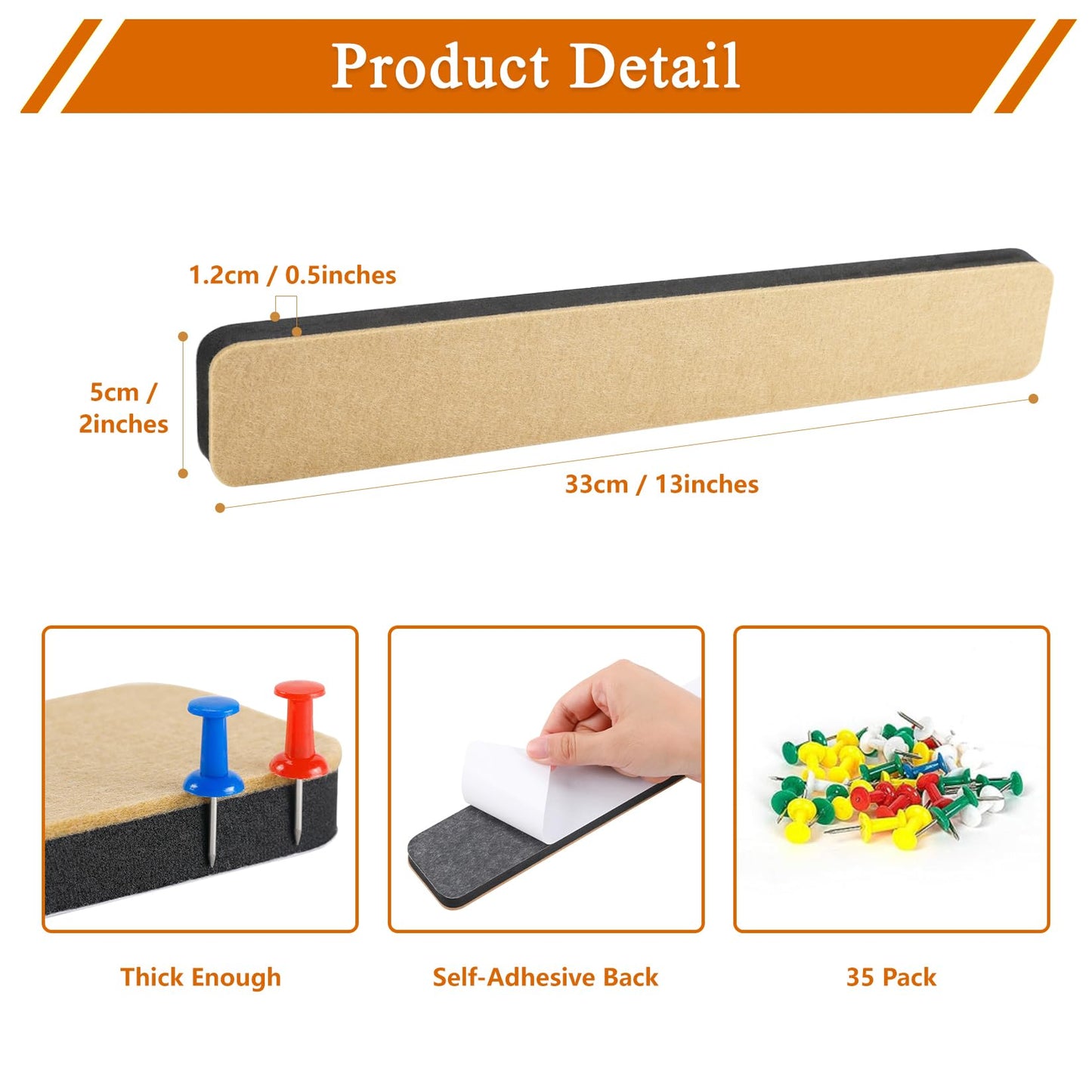 HULAVO 8Pcs Rectangle Felt Cork Board Bar Strips with 35 Pushpins, Self-Adhesive Bulletin Board Strips for Office School Home Wall Decor Stickers Memos Schedules Photos Display -Camel & Grey