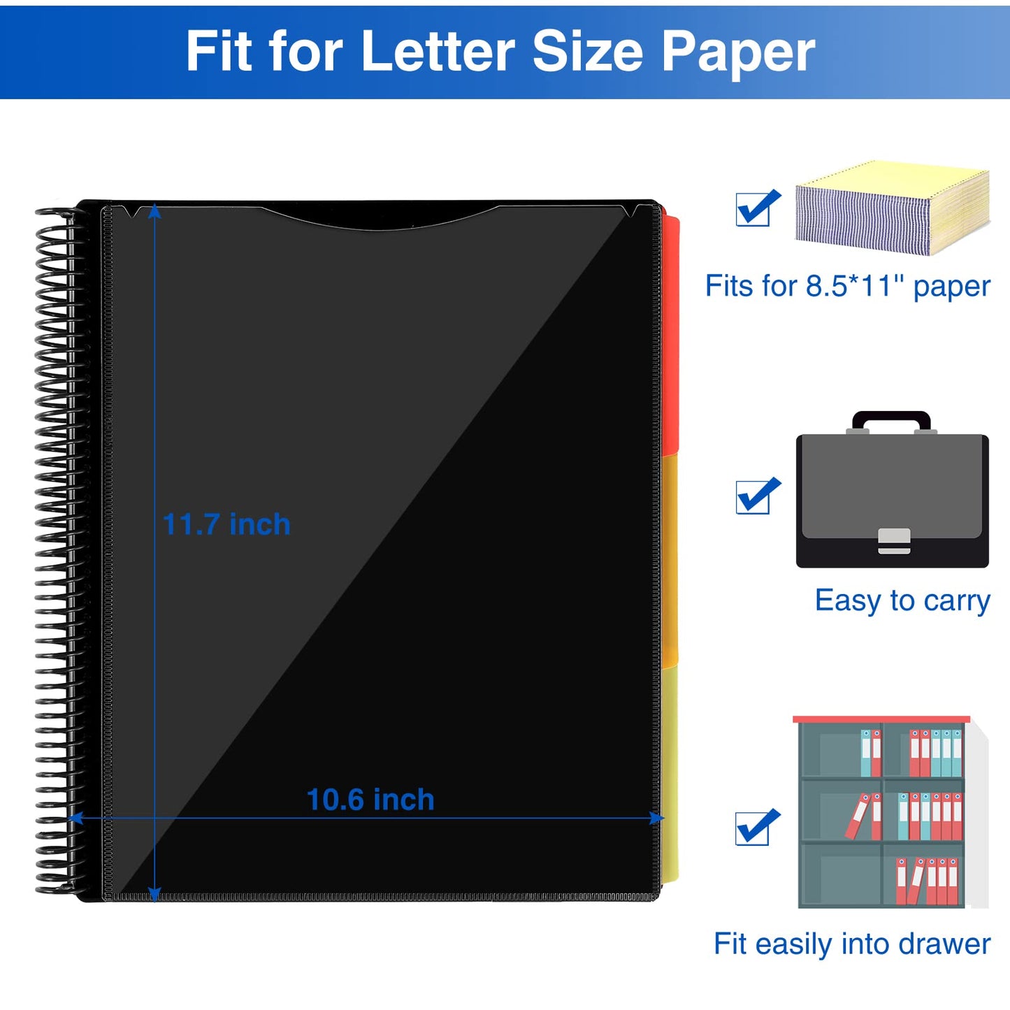 Forvencer 24 Pocket Project Organizer, 1/3-cut Tab Binder Organizer with Sticky Labels, Multi Pocket Folder with Zipper Pouch, Folder Binder Spiral Pocket Notebook, Office Supplies