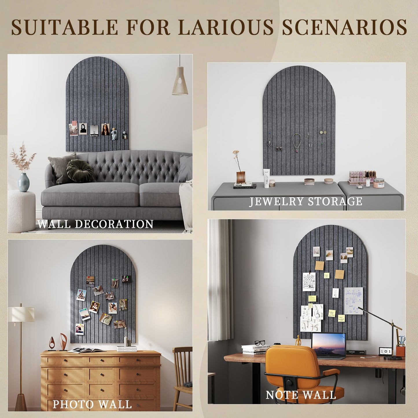 JBER Large Arched Felt Bulletin Board 36" x 24" - 6 Pack Felt Wall Tiles, Cork Board Alternative to Use in Office & Home Decor, Classroom Decor, Vision Board to Display Your Photos(Dark Gray)