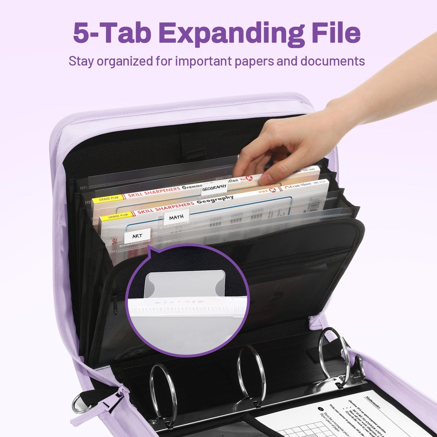 SUNEE Zipper Binder 3 Ring, 3 Inch O-Ring with Handle and Shoulder Strap, 600-Sheet Capacity, 5-Tab Expanding File Folder, Multi-Pockets for Middle School Organizer Binder with Zipper, Lavender Purple