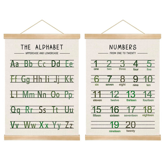Alphabet and Numbers Wall Chart Set of 2 ,Toddler Educational Posters,ABC and 1-20 Number Learning Banners for Toddlers, Preschool Classroom, Homeschool, Nursery, Playroom Decor 14 x 18.5 Inch(Green)