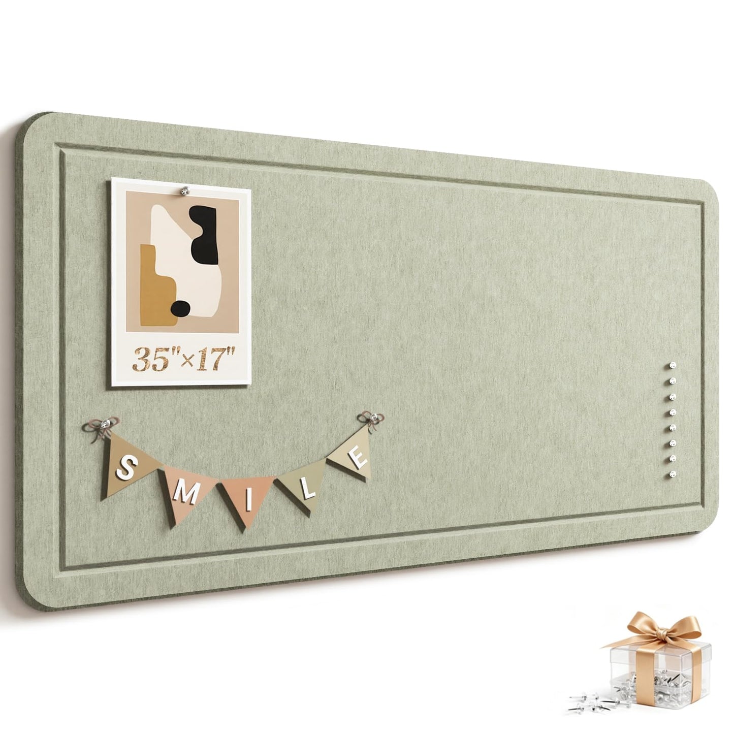 Large Bulletin Board, 35 X 17 Inches Felt Cork Board with 40 Pushpins, Foldable Felt Notice Pin Board Photo Display Board with Self-Adhesive Tape for Office Home School (Sage, 35x17 inch)