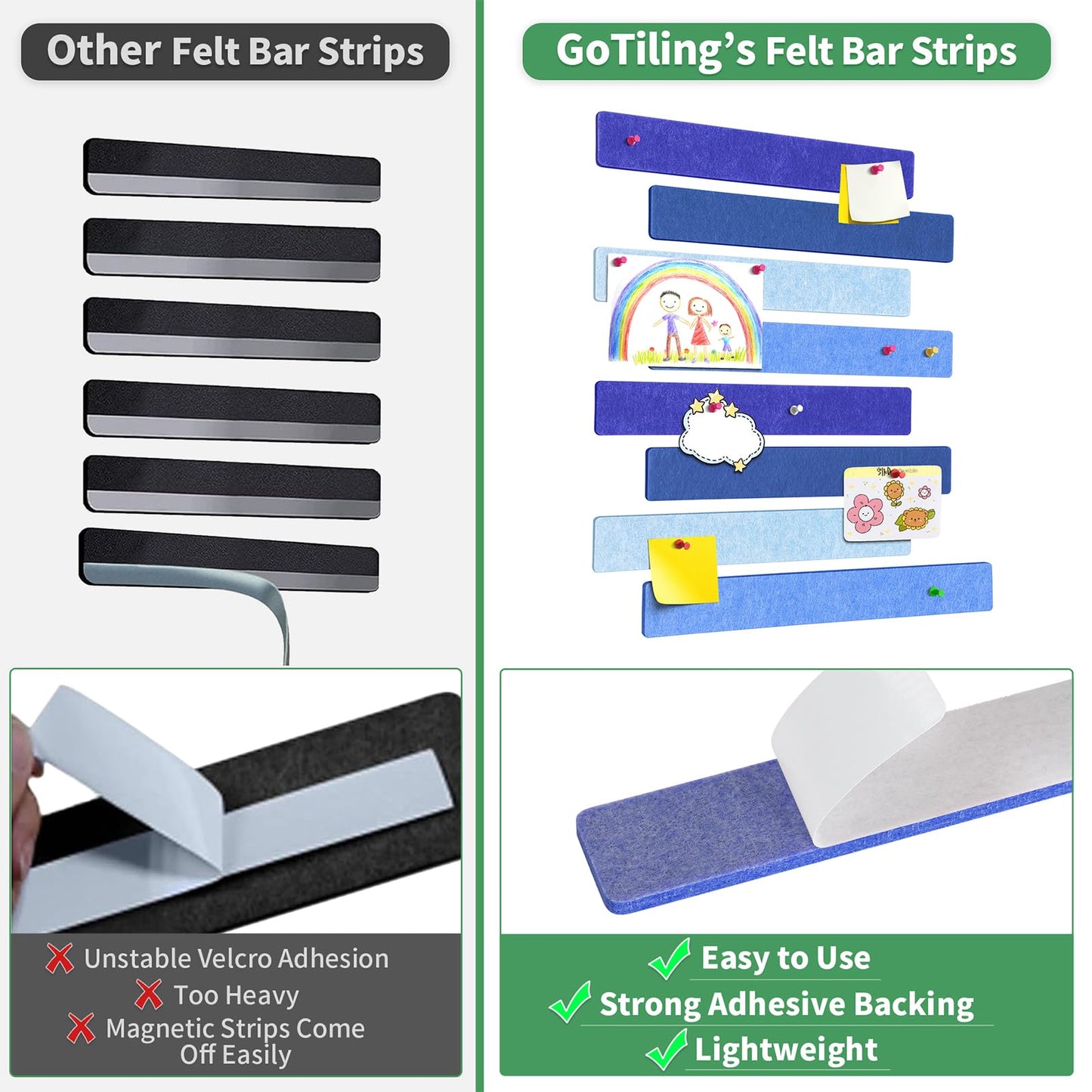 GoTiling Cork Board for Walls - 8 Pack Felt Pin Board Bar Strips - Self-Adhesive Lightweight Bulletin Board - Cork Board for Office with 40 Push Pins No Damage for Wall