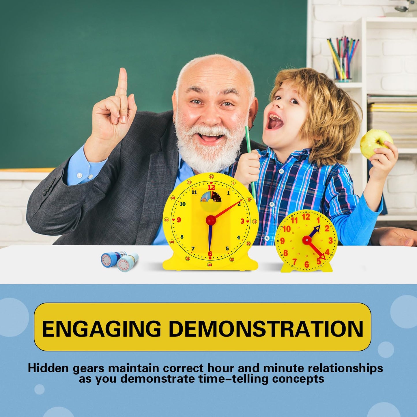 Lenwen 26 Pcs Classroom Clock Kit 24 Hours Learn to Tell Time Teaching Clock Toy for Kids Teaching Time Resources for Kids Learning Teacher Classroom Supplies (Yellow)
