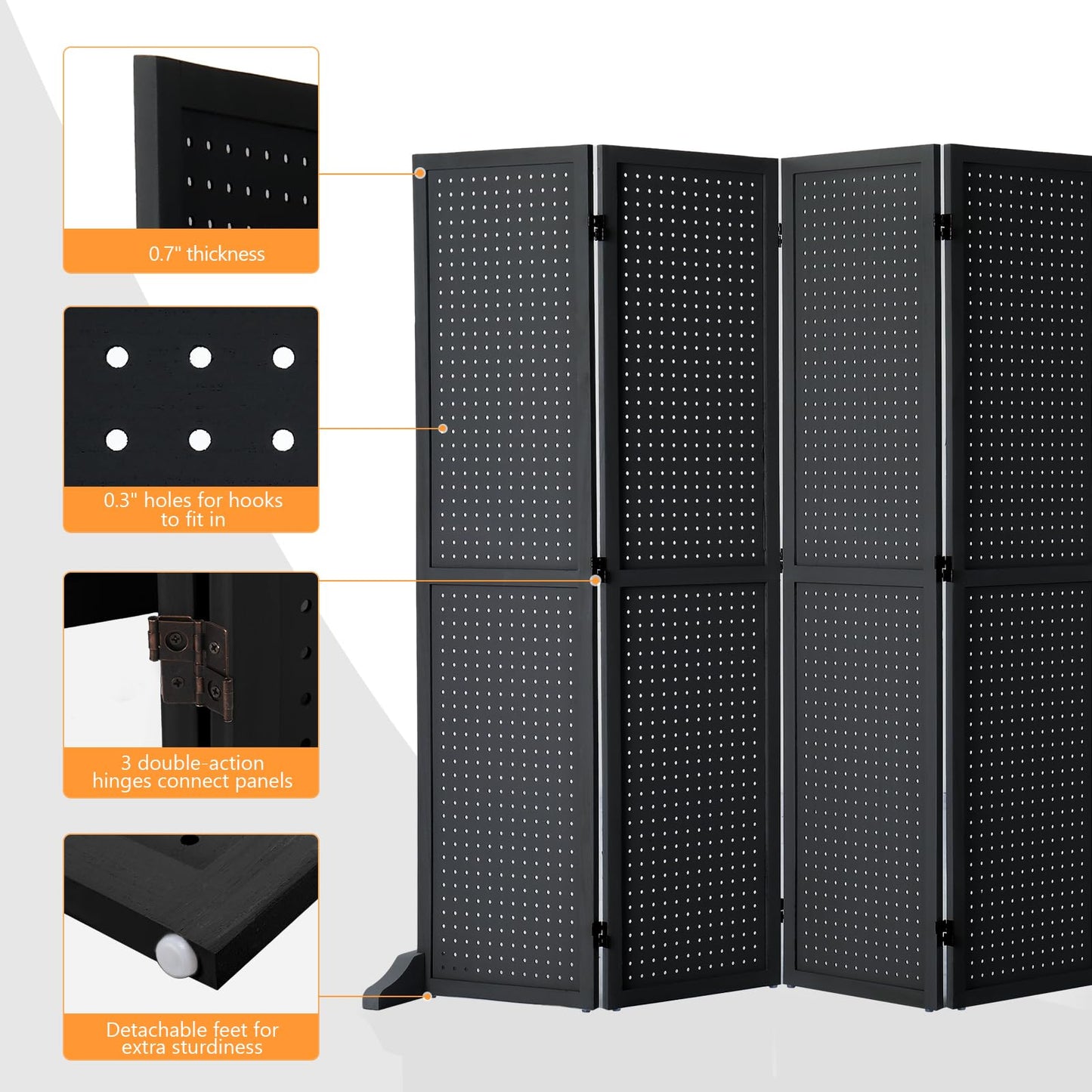 Bonnlo 4/6 Panel Pegboard Freestanding, 5 FT Portable Display Board Organizer for Craft Show Jewelry, Wooden Folding Privacy Screen Room Divider (Black, 6 Panel with Base)