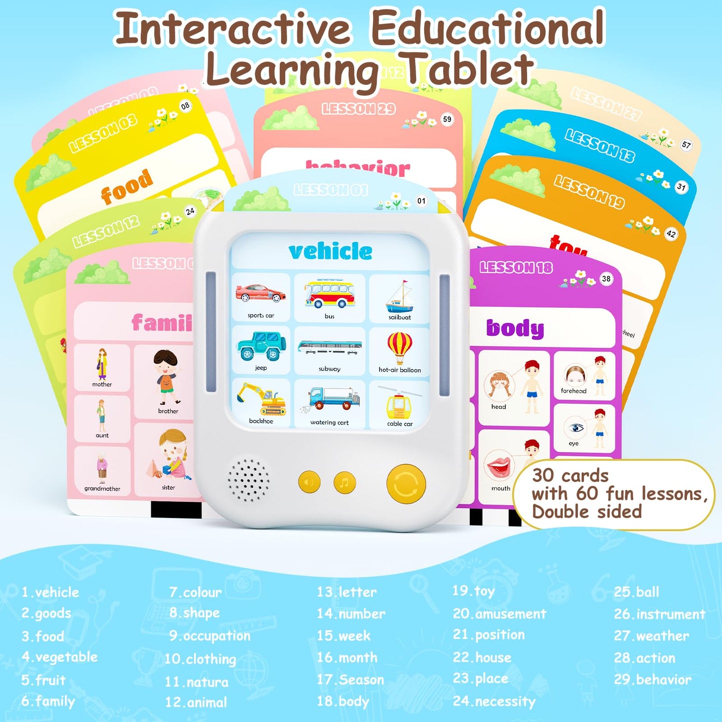 Interactive Educational Learning Tablet Toy for Kids,Screen-Free Phonics Learning Toy with 30 Flash Cards for Alphabets, Numbers, Words, Animals, Learn to Read for Boys Girls 3-5 Years Old, White