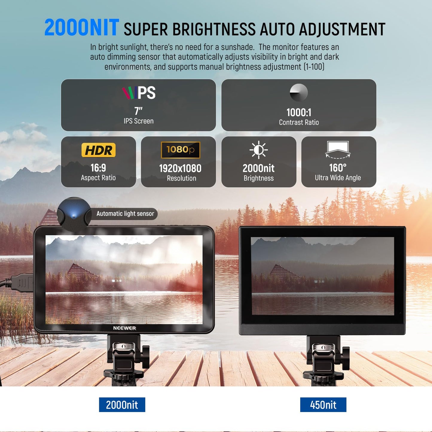 NEEWER F700 7" Camera Field Monitor, 2000nit HD 1920x1080 IPS Touch Screen with 3D LUT, 4K HDMI Loop in/Out with Peak Focus DSLR Video Assist HDR Waveform, Cold Shoe Mount, Battery Not Included