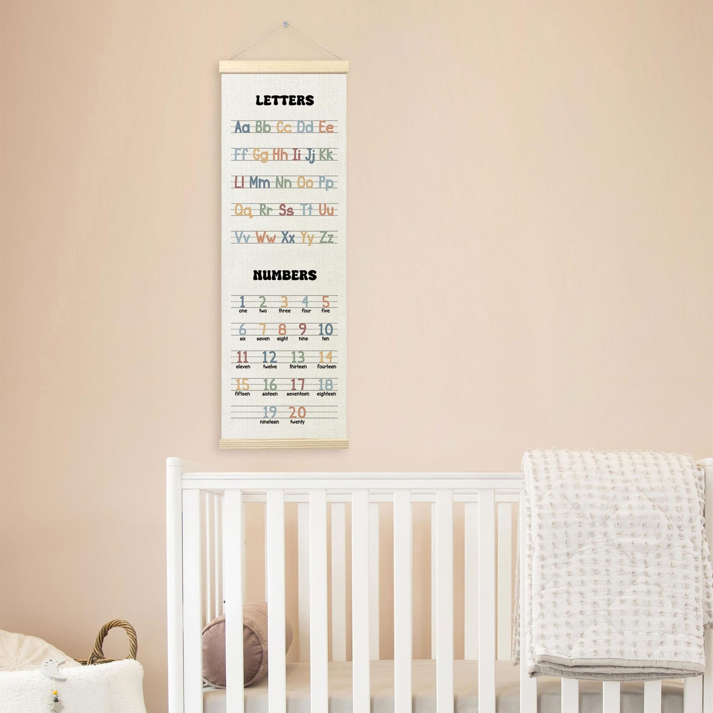 TLESKE Alphabet Number Chart Classroom Wall Art Poster, ABC Letters Education Wall Decor Hanging Poster with Hanger Frame for Classroom Homeschool, Toddlers Kids Room Prints Picture Banner, 12x35