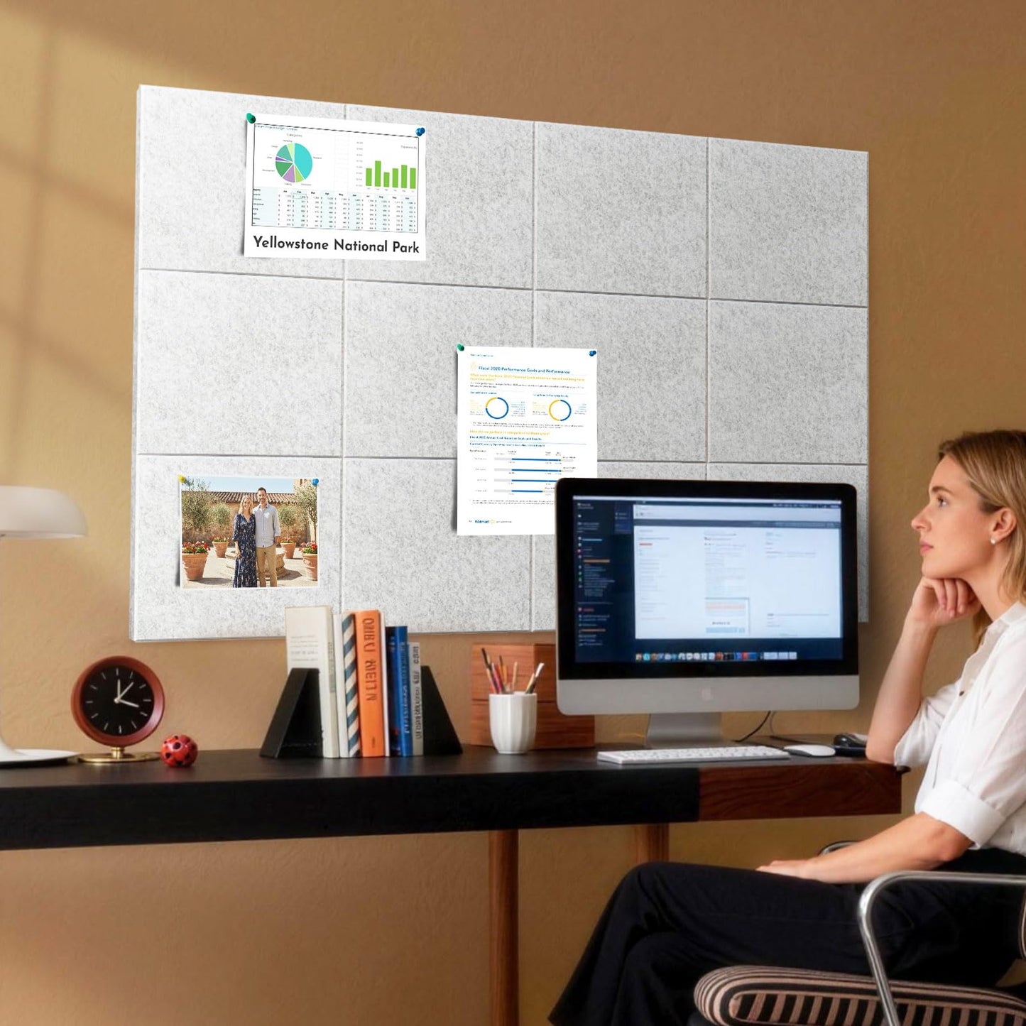 MISSDAY Light Grey Acoustic Wall Panel Large Felt Bulletin Board 48" x 36" Cork Board for Wall, 12-Pack Boards with 72 Adhesive Tabs, 50 Pins, Pin Board for Home Office Classroom Soundproof Wall Tile