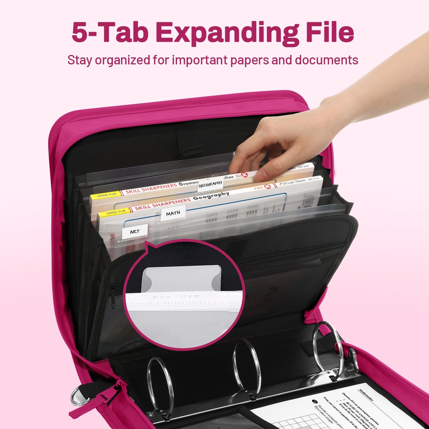 SUNEE Zipper Binder 3 Ring, 3 Inch O-Ring with Handle and Shoulder Strap, 600-Sheet Capacity, 5-Tab Expanding File Folder, Multi-Pockets for Middle School Organizer Binder with Zipper, Berry Pink