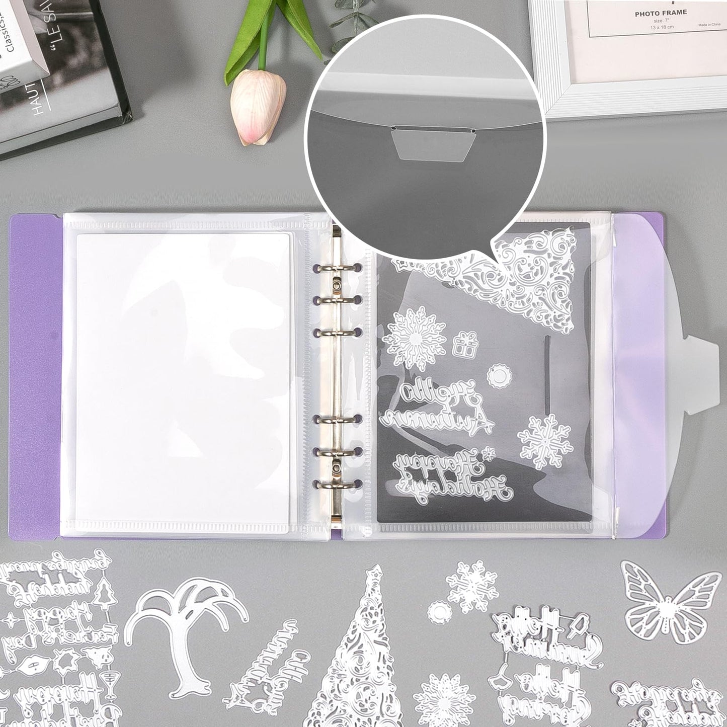 UNIMEIX 12 Pcs Magnetic Sheets for Die Storage with 1 Binder Cover, 2 in 1 Storage Stamp and Die Storage Bags Die Cut Storage Supplies(0.8 mm Thickness, Purple)