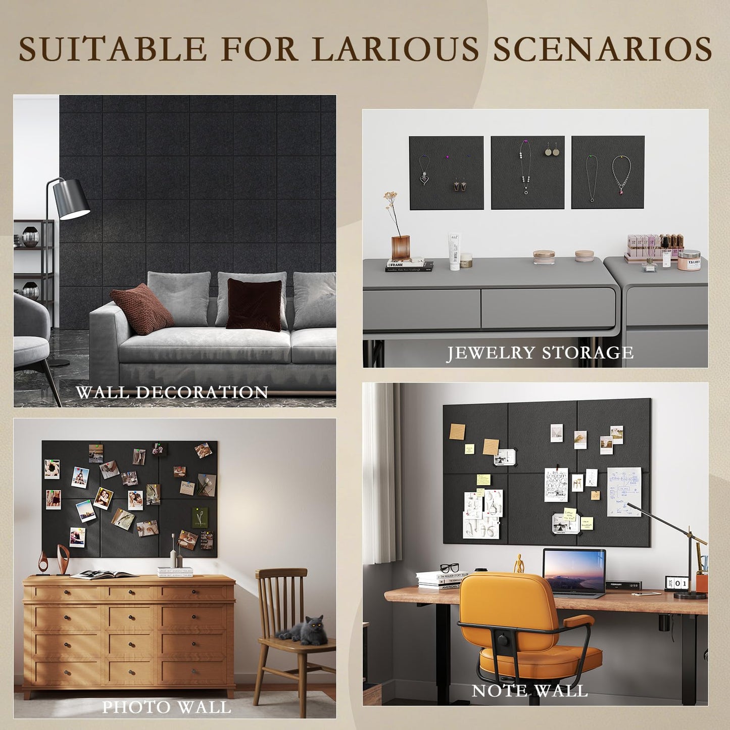 JBER Large Felt Bulletin Board 48"x36" - 12 Pack Felt Wall Tiles, Cork Board Alternative to Use in Office & Home Decor, Classroom Decor, Vision Board to Display Your Photos(Black)