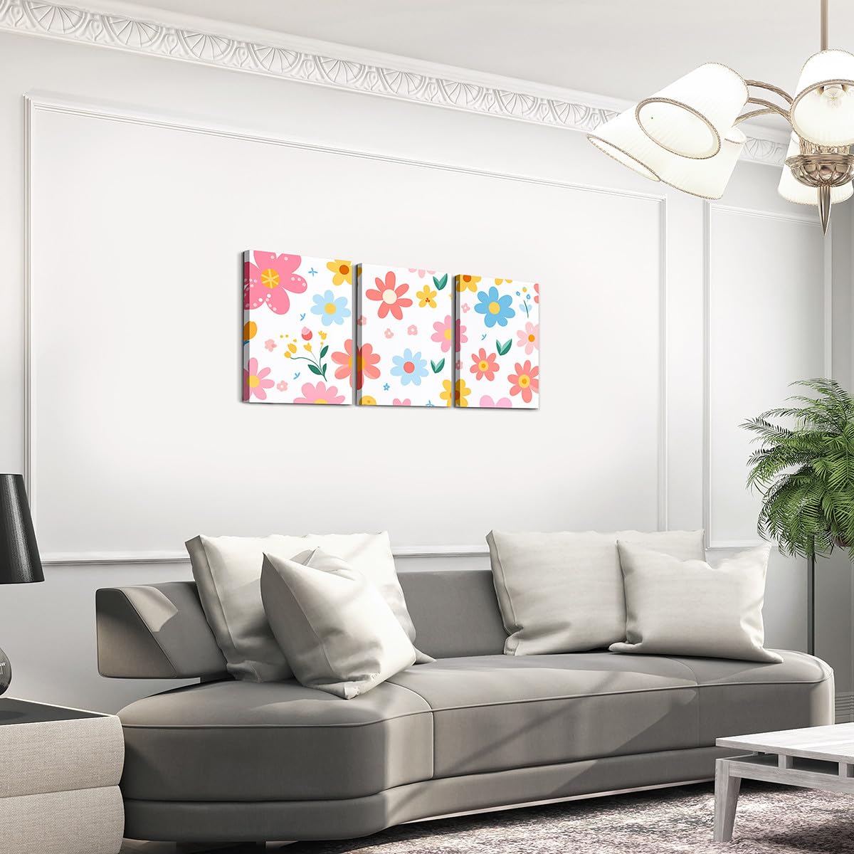 Feelyou Cute Flower 3 Piece Canvas Wall Art for Living Room Bedroom Cartoon Cute Floral Office Decor Artwork Yellow Pink Wall Art for Home Decor Kawaii Picture Posters