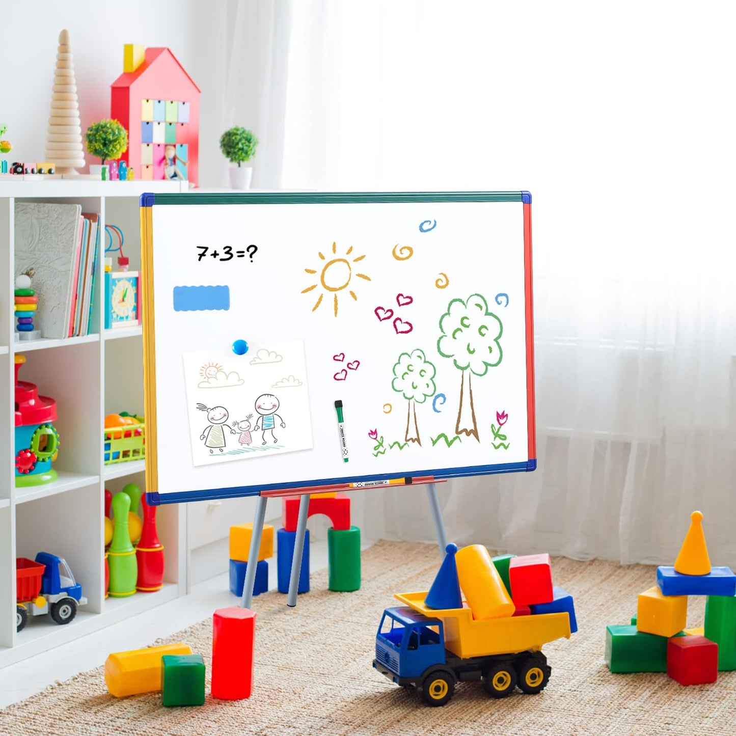 Dry Erase Board with Stand Magnetic Whiteboard for Kids Easel Flipchart Board for Classroom Easel White Board with Stands Teacher Easel, Colorful Frame,36x24 inches