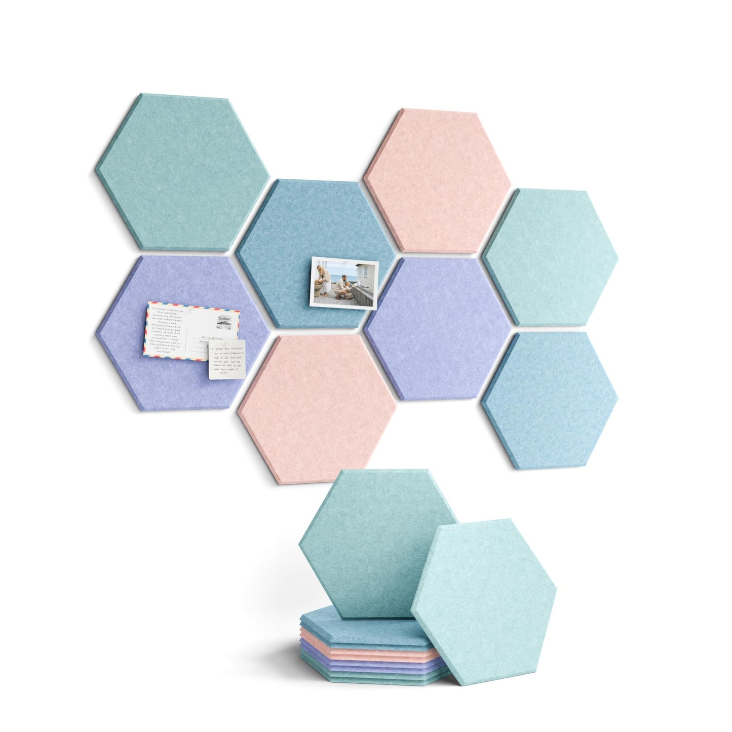 Fluxynara Hexagon Cork Board Alternative for Walls Decor-8-Pack Felt Bulletin Board Tiles,with 30 Pushpins,50 Adhesive Tabs for Office& Home Pin Board Felt Board-Coastal Haze
