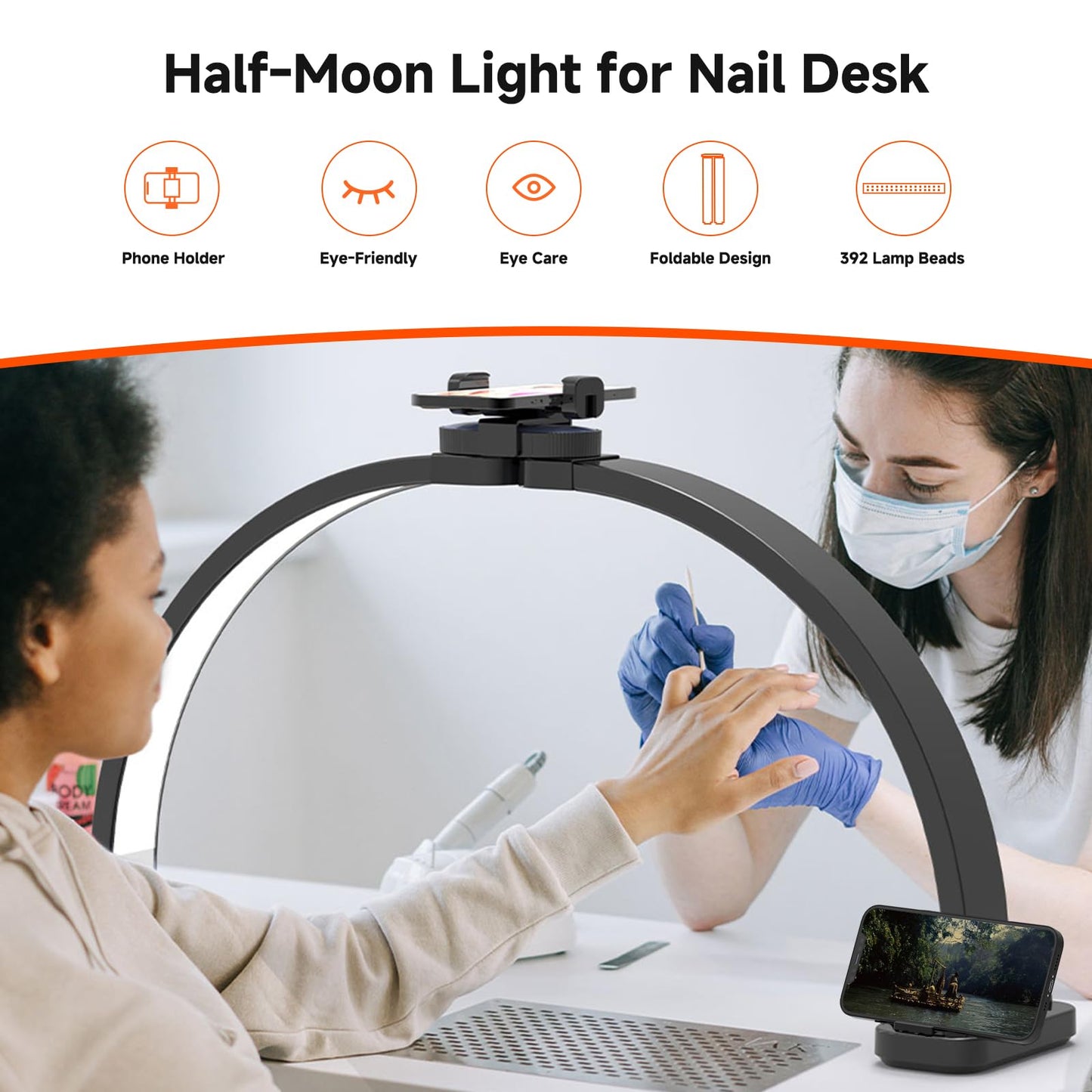 Welinspift 45W Half Moon LED Arch Lamp with Phone Holder, 3000K-6500K Dimming, White, Model ML-800A