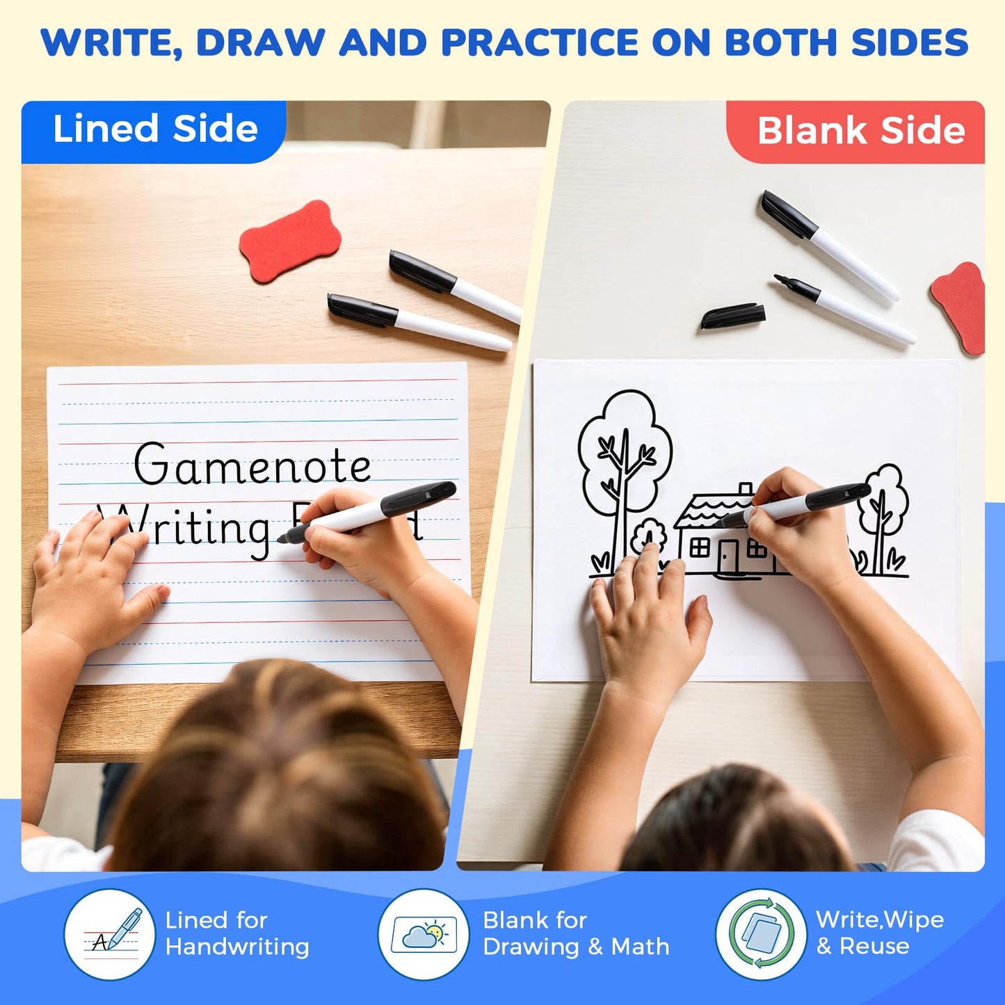 GAMENOTE White Board Dry Erase, Small Magnetic Lined White Board Set, Double Sided Magnet Ruled Lap Boards Whiteboard for Kids and Student Learning, 9x12 Inches (Pack of 12)